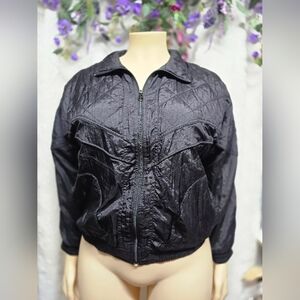 Black Bomber Jacket with Quilted Texture and Elastic Cuffs